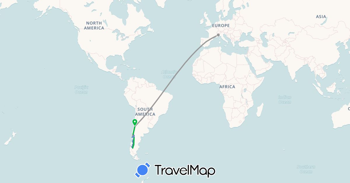 TravelMap itinerary: driving, bus, plane, cycling, hiking, boat in Argentina, Chile, Spain, Italy (Europe, South America)